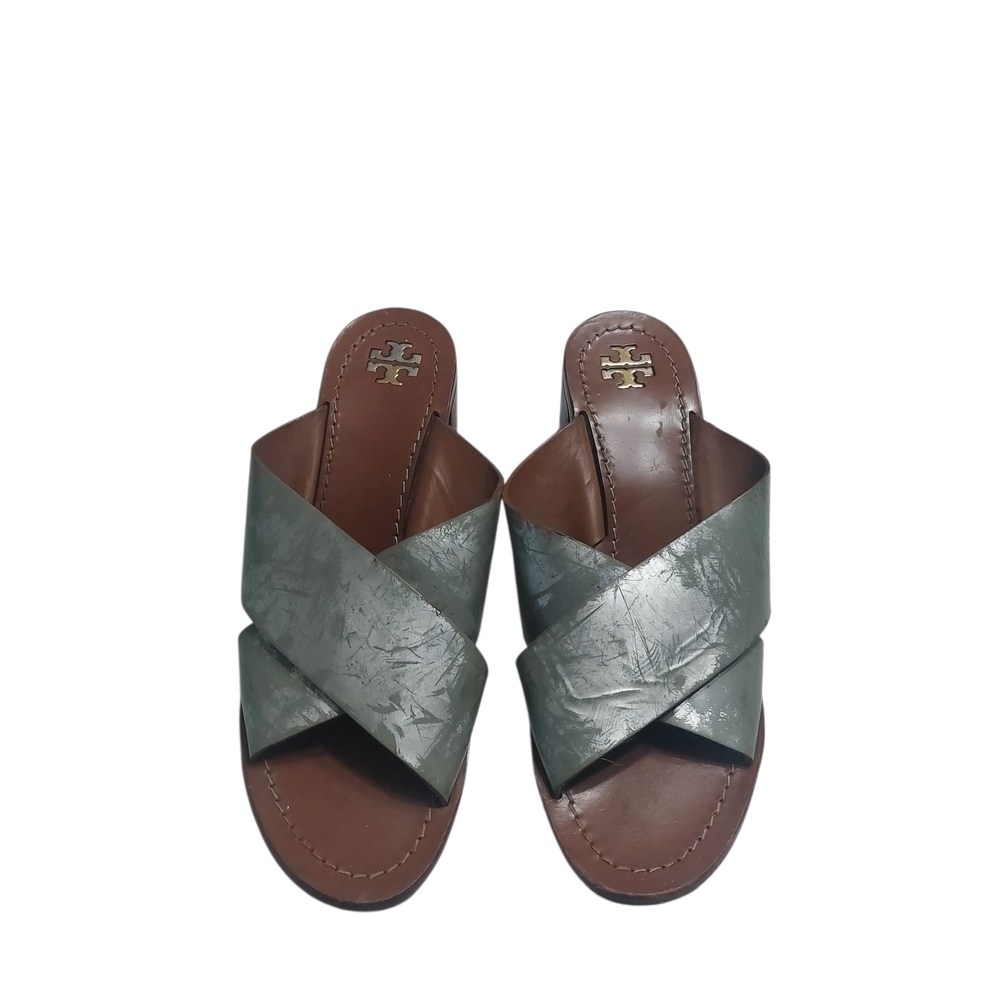 Tory Burch Metallic Silver Criss Cross Leather Slide Sandals Women’s